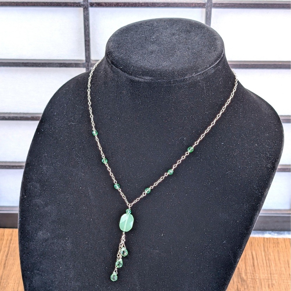 Sea Green Beaded Y-Necklace Silvertone Drop Pendant Adjustable Link Chain 18.5in